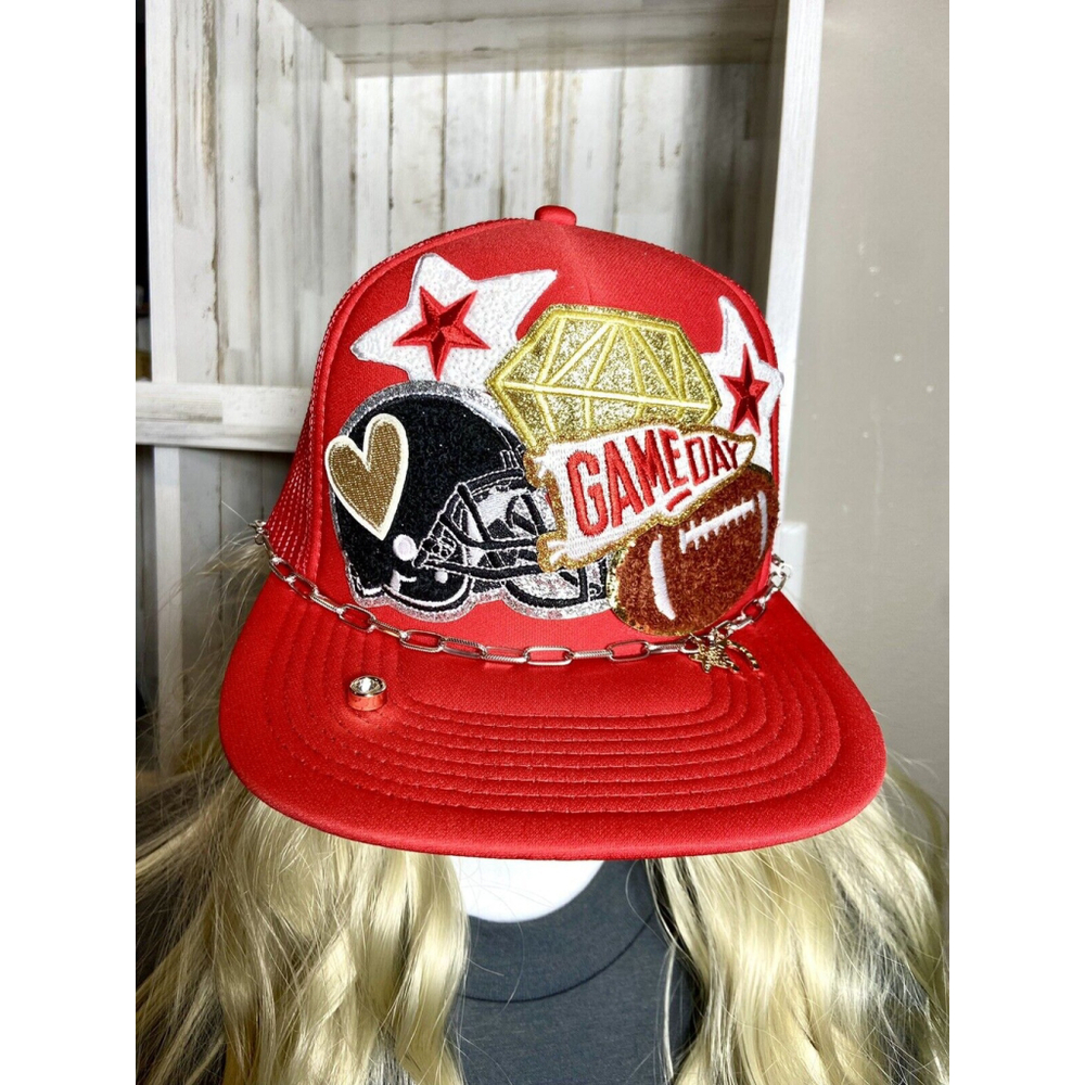 Football Season Red Gold Team Layered Trucker Hat Otto Hat New W Chain Bling